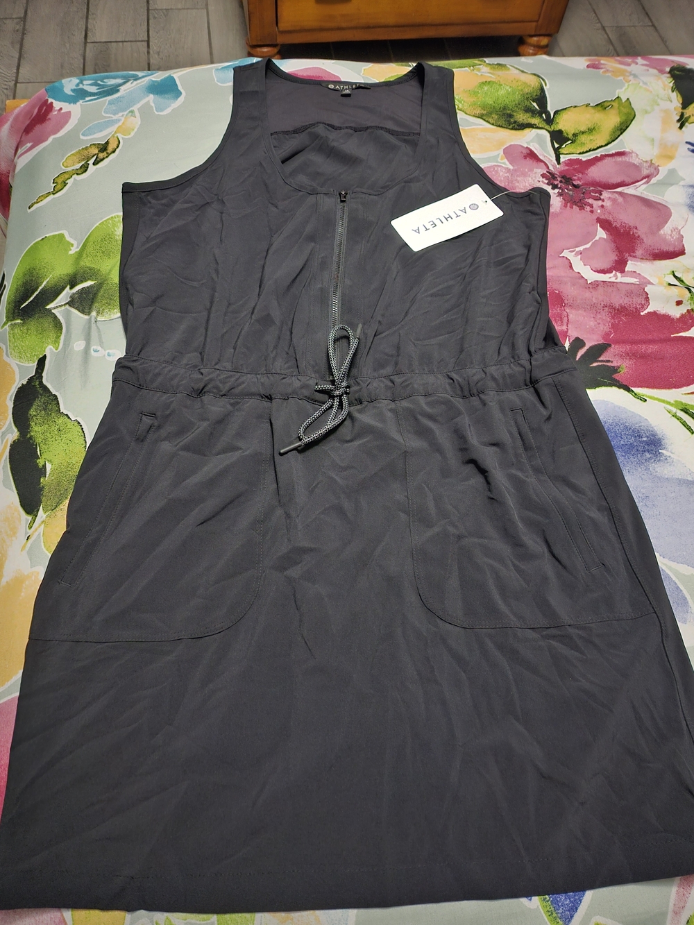 Athleta Black Sleeveless Drawstring Shirt Dress